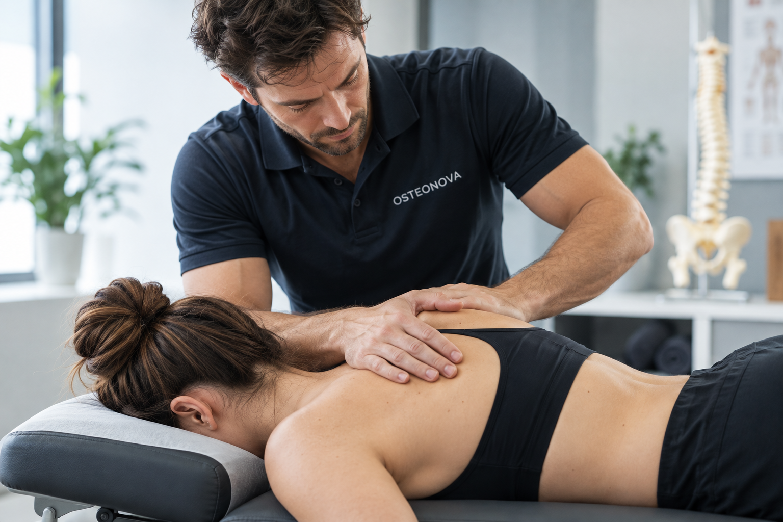 Trattamento osteopatico in clinica Osteopata durante un trattamento manuale della schiena di una paziente